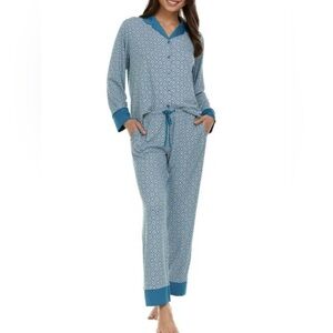Flora Nikrooz Women's Satin Trim Notch Collar PJ Set. Teal. Large. NEW WITH TAGS